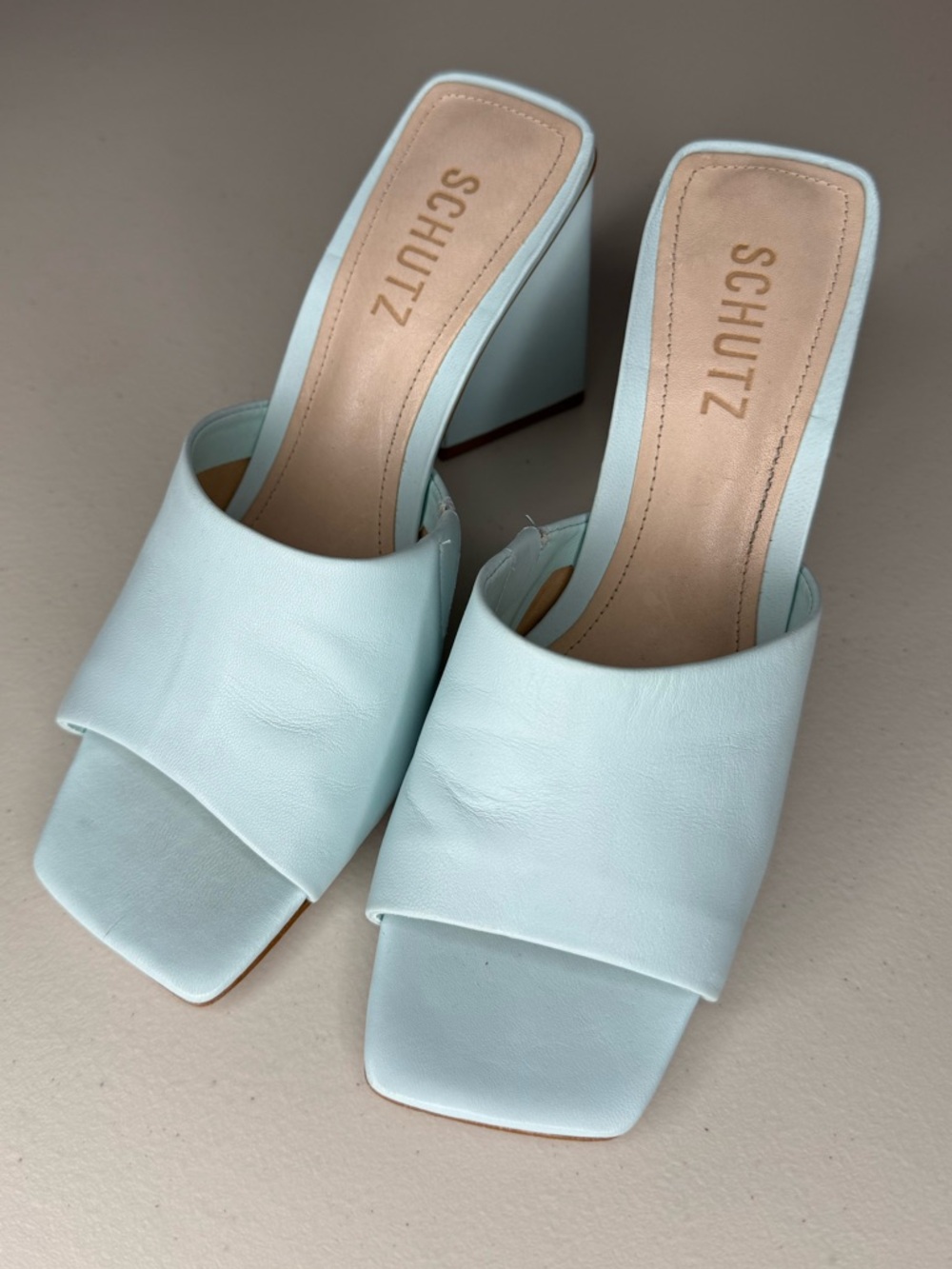 Schutz Mules Heels Shoes Leather Sole Pastel Blue Spring Summer Size 7.5 Women